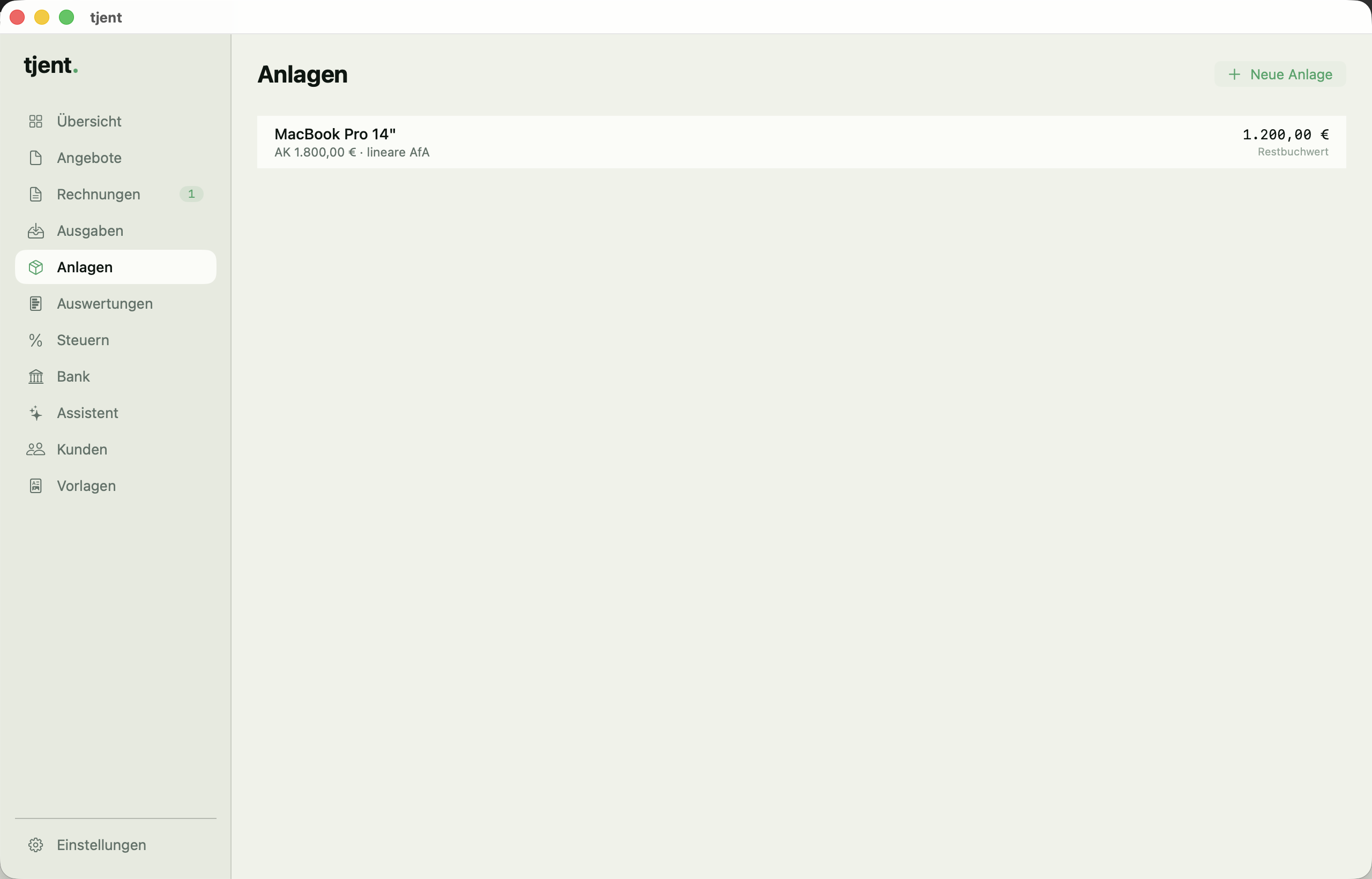 tjent — Anlage anlegen
