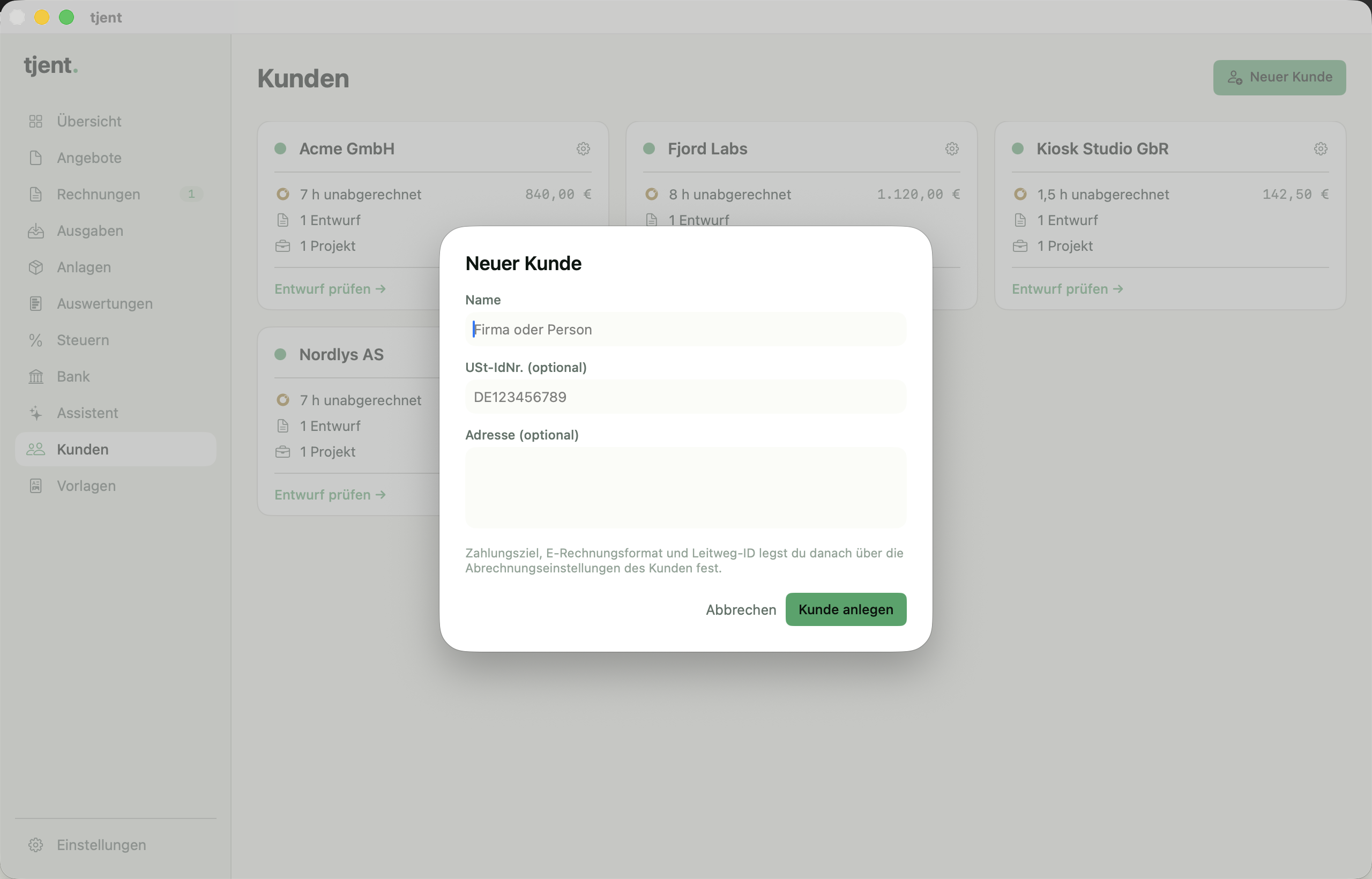 tjent — Kunden direkt anlegen